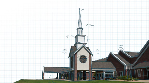 Architectural rendering of a church building